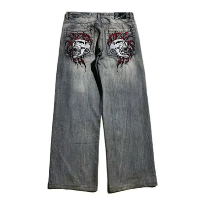 Grunge Skull Embroidery Mid Rise Jeans - netstar®